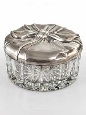 Vintage Godinger Silver Plated Powder Puff Vanity Dish Mirror Lid Glass Jar